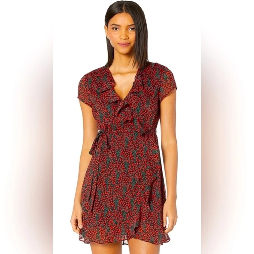 Bardot Faux Wrap Mini Dress Size 8 Cherry Print Romantic Coquette Date Night